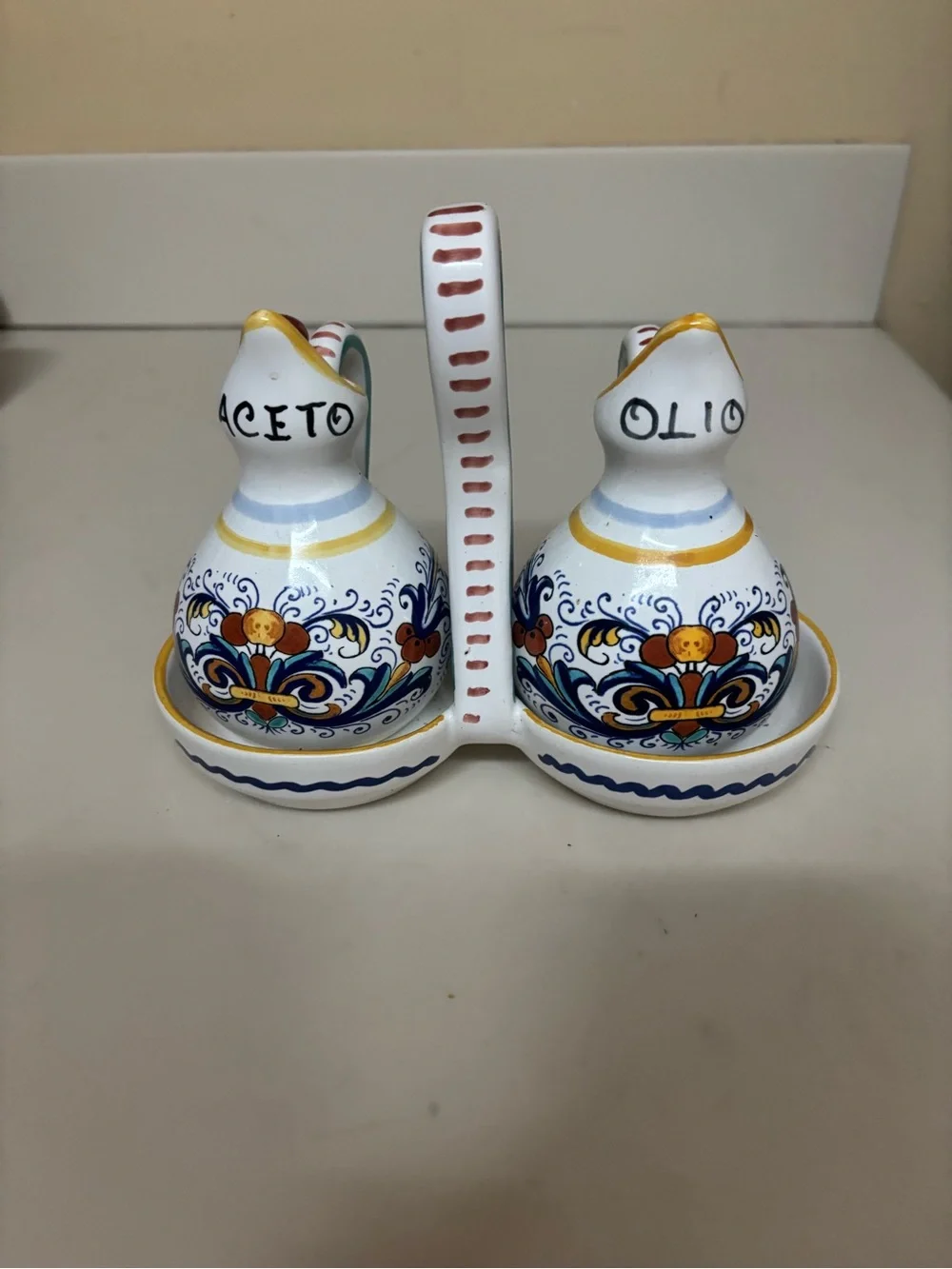 Sur La Table White Multicolor Hand-Painted Olive Oil and Vinegar Cruet Set